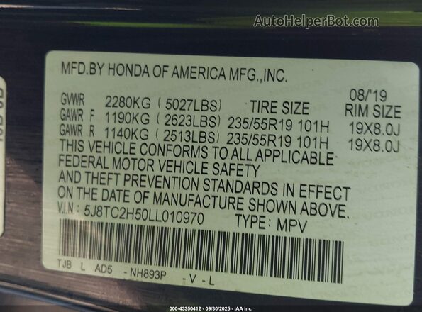 5J8TC2H50LL010970 2020 ACURA RDX Black Вид підкапотного простору