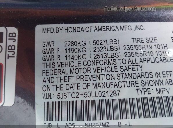 5J8TC2H50LL021287 2020 ACURA RDX Gray Շարժիչի բաժամունքի տեսք