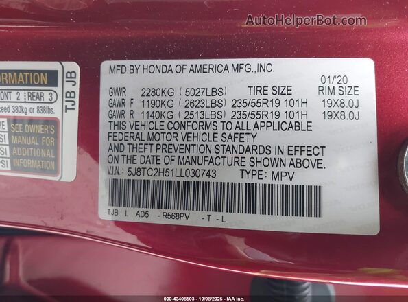 5J8TC2H51LL030743 2020 ACURA RDX Maroon Շարժիչի բաժամունքի տեսք