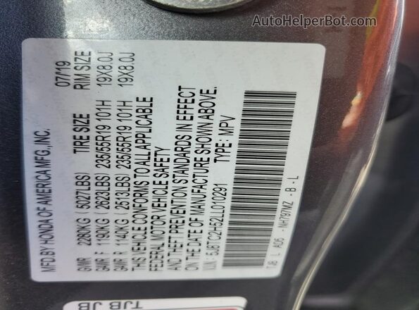 5J8TC2H52LL010291 2020 ACURA RDX Gray Widok naklejki z numerem VIN