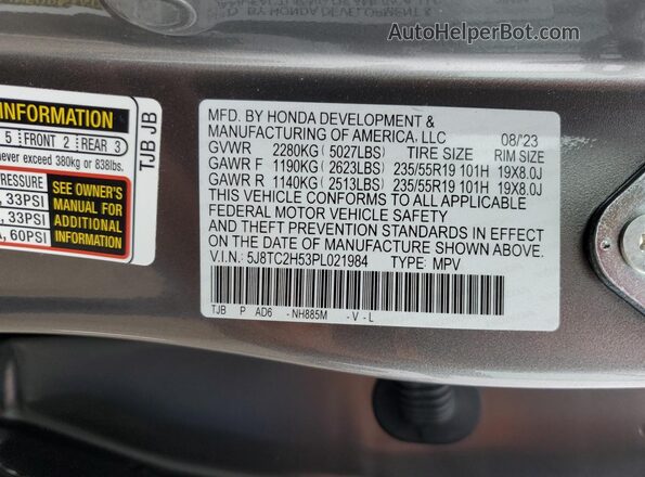 5J8TC2H53PL021984 2023 ACURA RDX Gray VIN sticker view