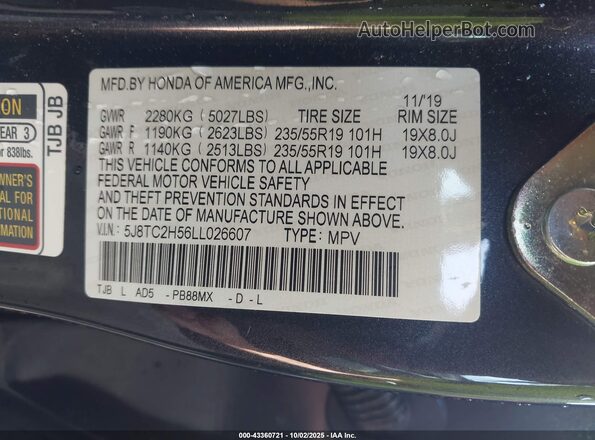 5J8TC2H56LL026607 2020 ACURA RDX Gray Շարժիչի բաժամունքի տեսք
