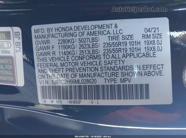5J8TC2H56ML028620 2021 ACURA RDX Black Engine compartment view