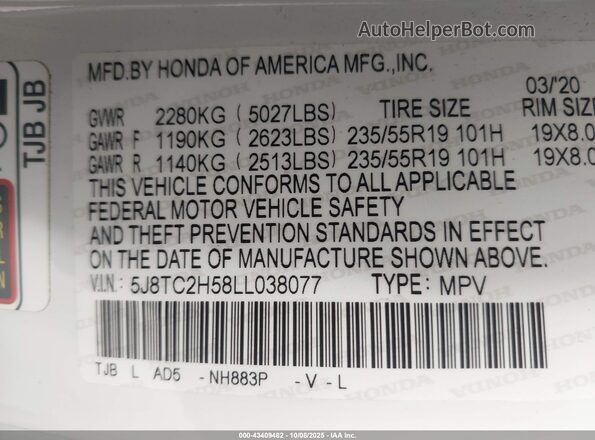 5J8TC2H58LL038077 2020 ACURA RDX White Widok komory silnika