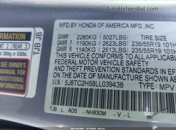 5J8TC2H58LL039438 2020 ACURA RDX Silver Շարժիչի բաժամունքի տեսք