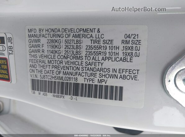 5J8TC2H5XML028118 2021 ACURA RDX White Vista del compartimento del motor