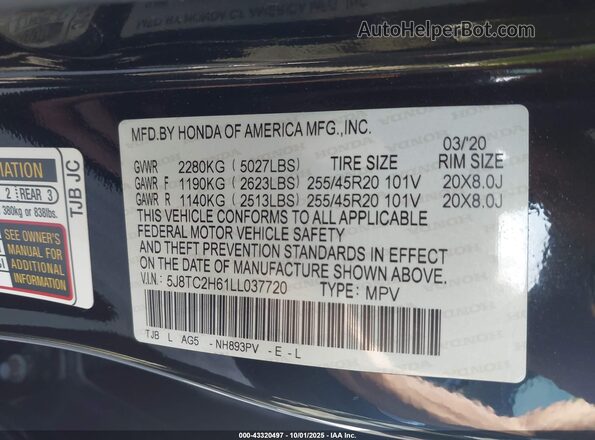 5J8TC2H61LL037720 2020 ACURA RDX Black Շարժիչի բաժամունքի տեսք