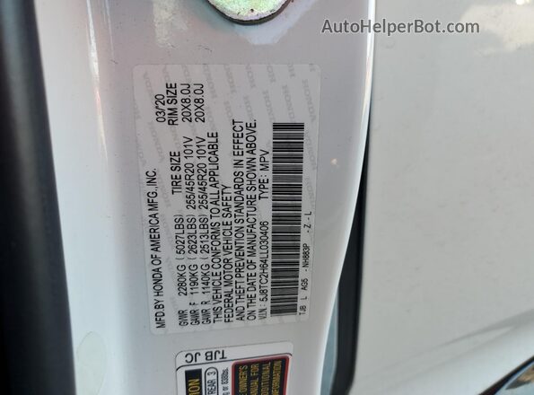 5J8TC2H64LL030406 2020 ACURA RDX White VIN კოდის სტიკერის ხედი