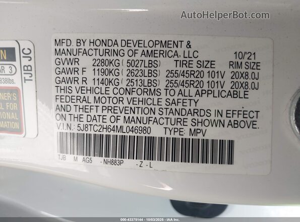 5J8TC2H64ML046980 2021 ACURA RDX White Widok komory silnika