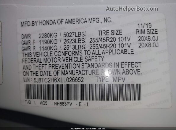 5J8TC2H6XLL026652 2020 ACURA RDX White Engine compartment view