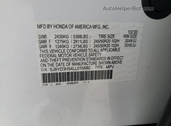 5J8YD3H54LL015680 2020 ACURA MDX White VIN sticker view