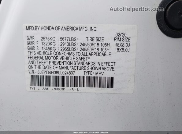 5J8YD4H38LL024807 2020 ACURA MDX White Շարժիչի բաժամունքի տեսք