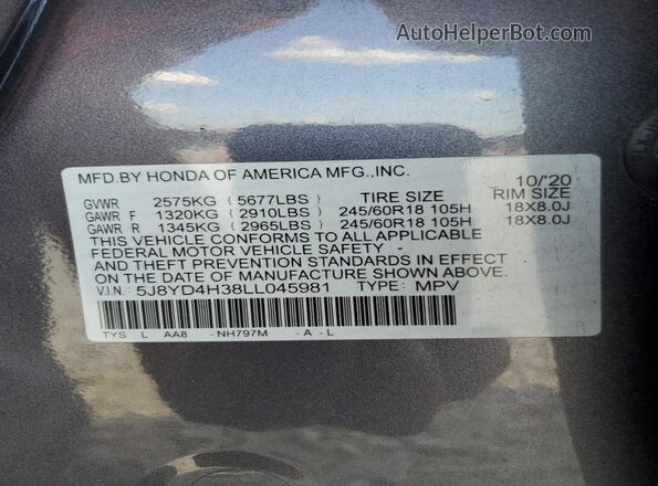 5J8YD4H38LL045981 2020 ACURA MDX Gray Вид підкапотного простору