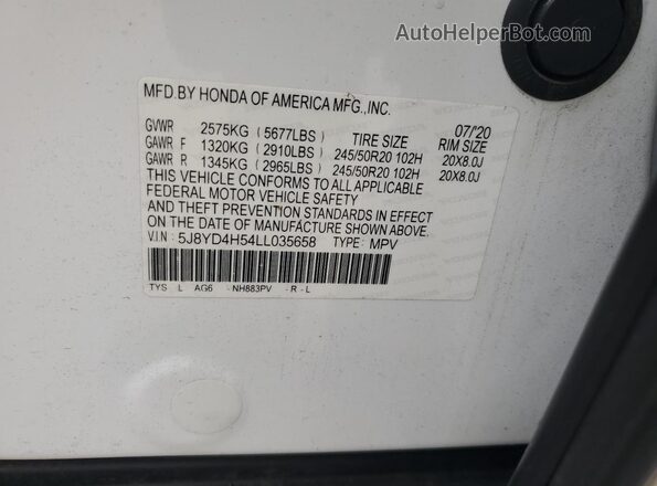 5J8YD4H54LL035658 2020 ACURA MDX White Вид наклейки з VIN-кодом