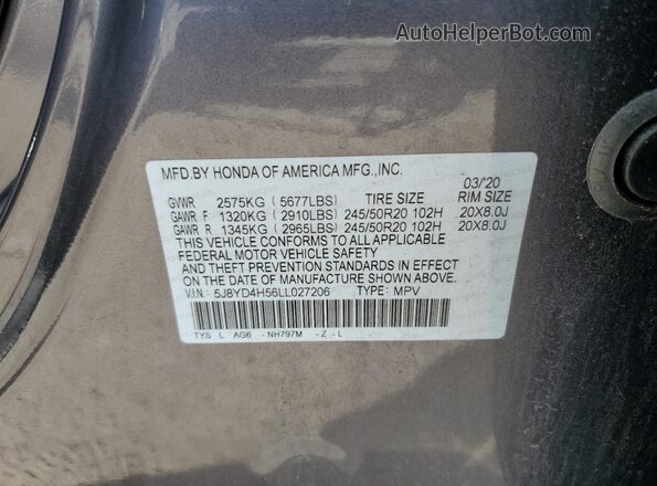 5J8YD4H56LL027206 2020 ACURA MDX Gray Вид наклейки з VIN-кодом