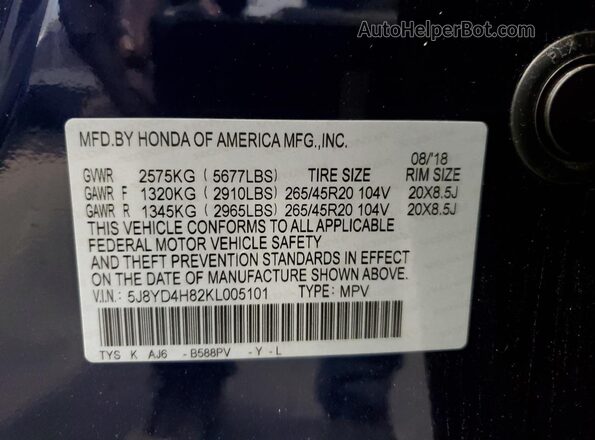 5J8YD4H82KL005101 2019 ACURA MDX Blue Widok naklejki z numerem VIN