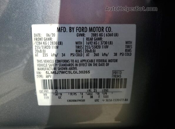 5LM5J7WC5LGL30265 2020 LINCOLN AVIATOR Silver Սալոնի 360 աստիճան տեսք