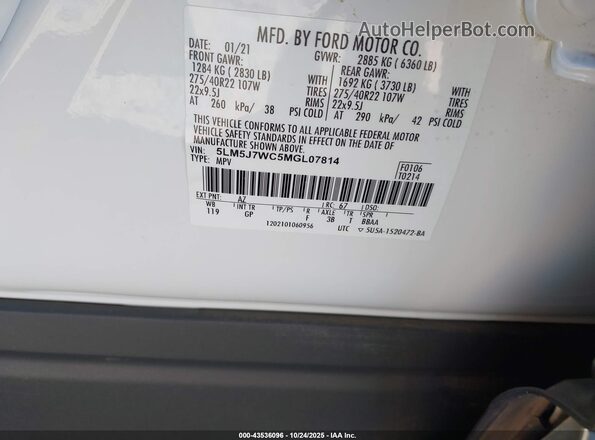 5LM5J7WC5MGL07814 2021 LINCOLN AVIATOR White Вид підкапотного простору