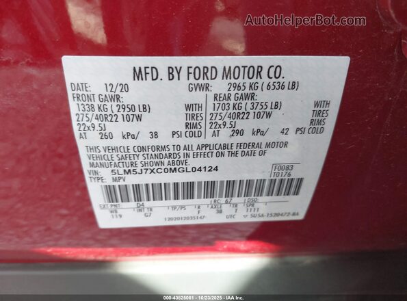 5LM5J7XC0MGL04124 2021 LINCOLN AVIATOR Red Շարժիչի բաժամունքի տեսք