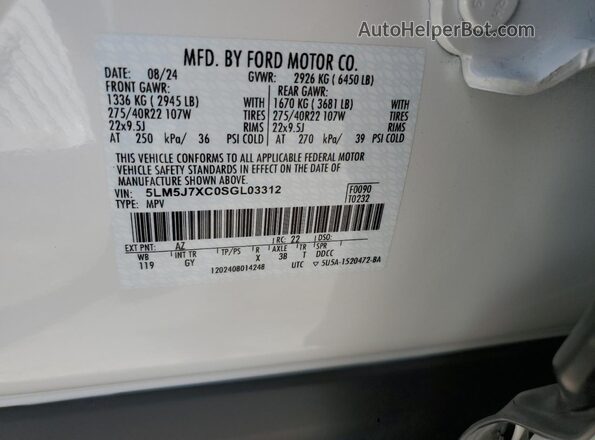5LM5J7XC0SGL03312 2025 LINCOLN AVIATOR White VIN sticker view
