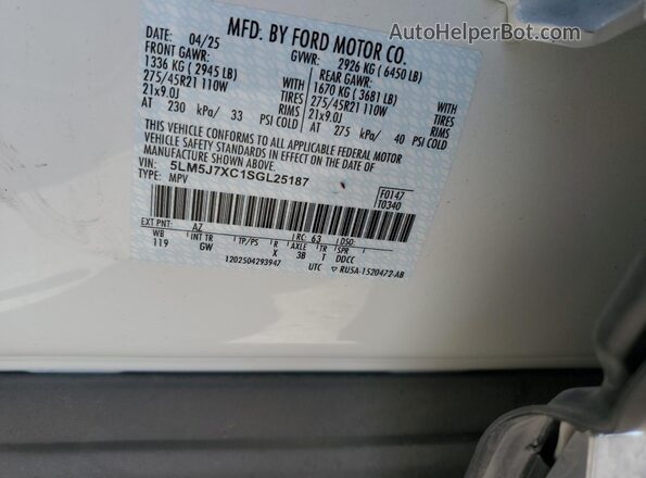 5LM5J7XC1SGL25187 2025 LINCOLN AVIATOR White VIN sticker view