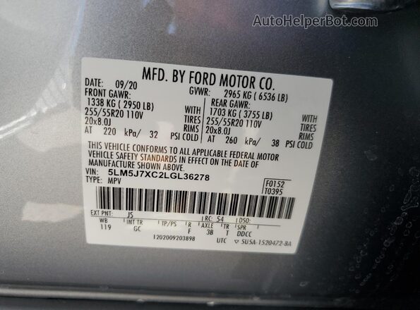 5LM5J7XC2LGL36278 2020 LINCOLN AVIATOR Silver Vista de la etiqueta del VIN