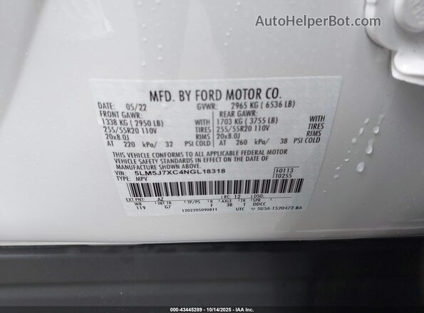 5LM5J7XC4NGL18318 2022 LINCOLN AVIATOR White ძრავის განყოფილების ხედი