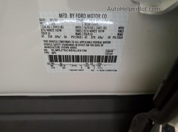5LM5J7XC6SGL03136 2025 LINCOLN AVIATOR White VIN sticker view