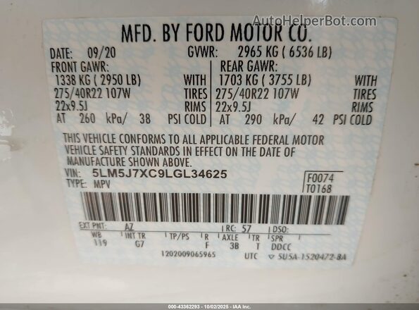 5LM5J7XC9LGL34625 2020 LINCOLN AVIATOR White Vista del compartimento del motor