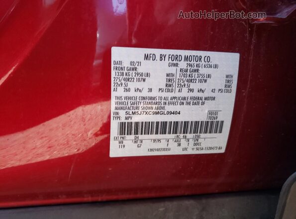 5LM5J7XC9MGL09404 2021 LINCOLN AVIATOR Red Vista de la etiqueta del VIN