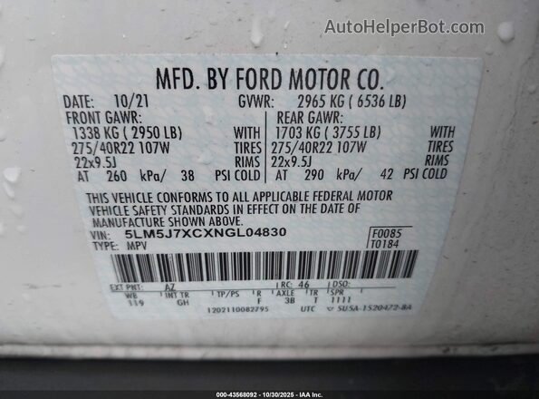 5LM5J7XCXNGL04830 2022 LINCOLN AVIATOR White 