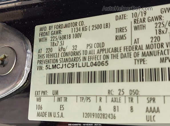 5LMCJ1C91LUL04065 2020 LINCOLN CORSAIR Black Widok komory silnika