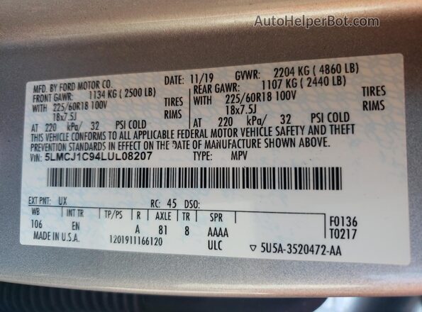 5LMCJ1C94LUL08207 2020 LINCOLN CORSAIR Серебряный Вид наклейки с VIN-кодом
