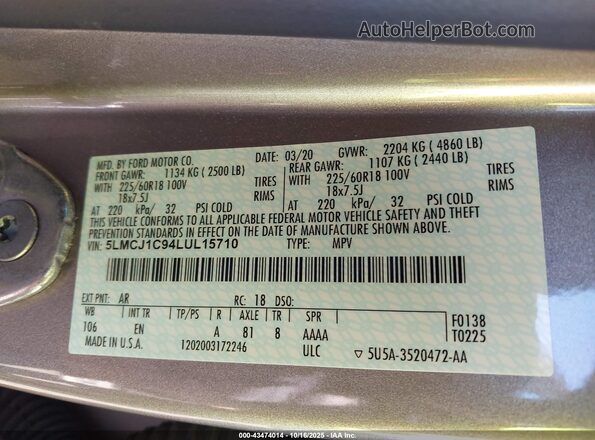 5LMCJ1C94LUL15710 2020 LINCOLN CORSAIR Tan Engine compartment view