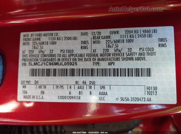 5LMCJ1C96MUL05925 2021 LINCOLN CORSAIR Red ძრავის განყოფილების ხედი