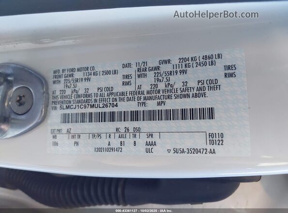 5LMCJ1C97MUL26704 2021 LINCOLN CORSAIR White Շարժիչի բաժամունքի տեսք