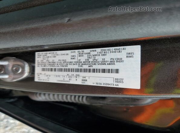 5LMCJ1D92LUL15235 2020 LINCOLN CORSAIR Gray Widok naklejki z numerem VIN