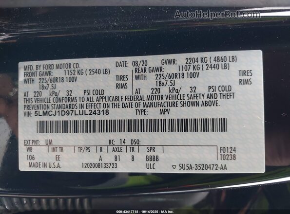 5LMCJ1D97LUL24318 2020 LINCOLN CORSAIR Черный Вид подкапотного пространства