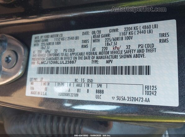 5LMCJ1D98LUL23887 2020 LINCOLN CORSAIR Gray Engine compartment view