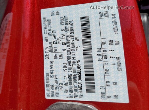 5LMCJ1DA6SUL09575 2025 LINCOLN CORSAIR Red VIN կոդի պիտակի տեսք
