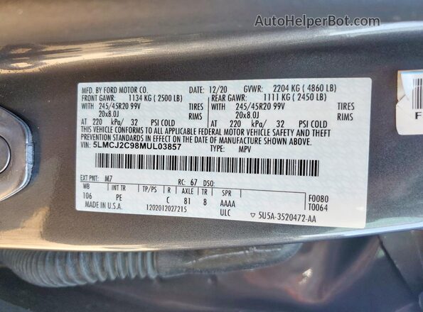 5LMCJ2C98MUL03857 2021 LINCOLN CORSAIR Gray Widok naklejki z numerem VIN