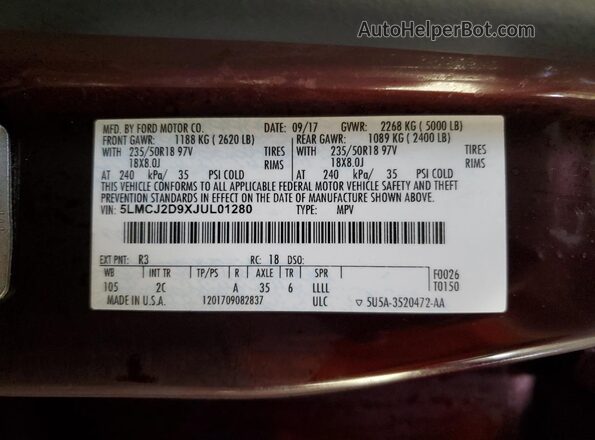 5LMCJ2D9XJUL01280 2018 LINCOLN MKC Burgundy VIN კოდის სტიკერის ხედი