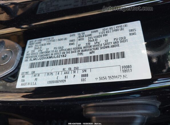 5LMCJ2DHXMUL02182 2021 LINCOLN CORSAIR Черный Вид подкапотного пространства