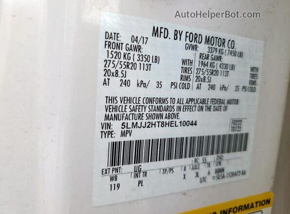 5LMJJ2HT8HEL10044 2017 LINCOLN NAVIGATOR White VIN sticker view