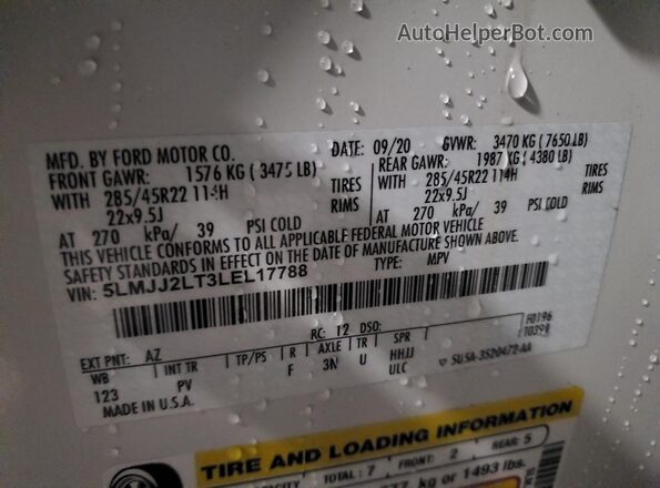 5LMJJ2LT3LEL17788 2020 LINCOLN NAVIGATOR White Widok naklejki z numerem VIN