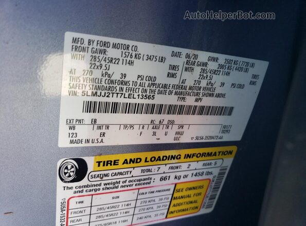 5LMJJ2TT7LEL13565 2020 LINCOLN NAVIGATOR Синий Вид наклейки с VIN-кодом