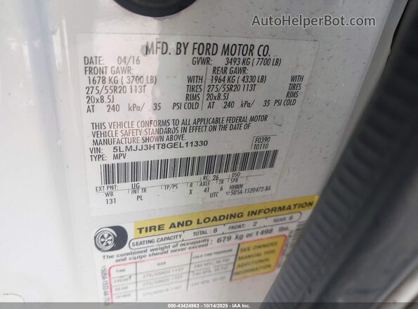 5LMJJ3HT8GEL11330 2016 LINCOLN NAVIGATOR L White Вид підкапотного простору