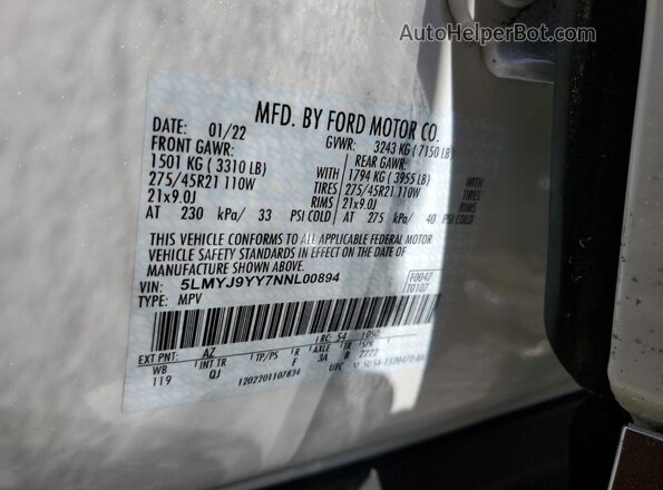 5LMYJ9YY7NNL00894 2022 LINCOLN AVIATOR White VIN sticker view