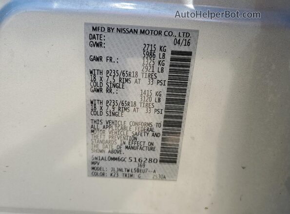 5N1AL0MM6GC516280 2016 INFINITI QX60 Silver Vista de la etiqueta del VIN