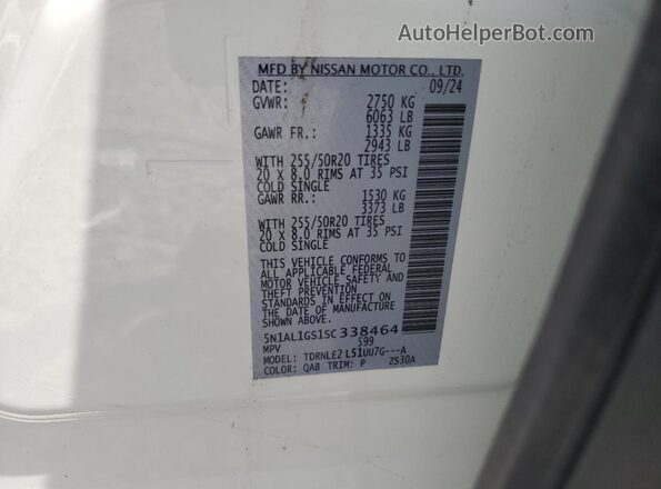 5N1AL1GS1SC338464 2025 INFINITI QX60 White VIN კოდის სტიკერის ხედი